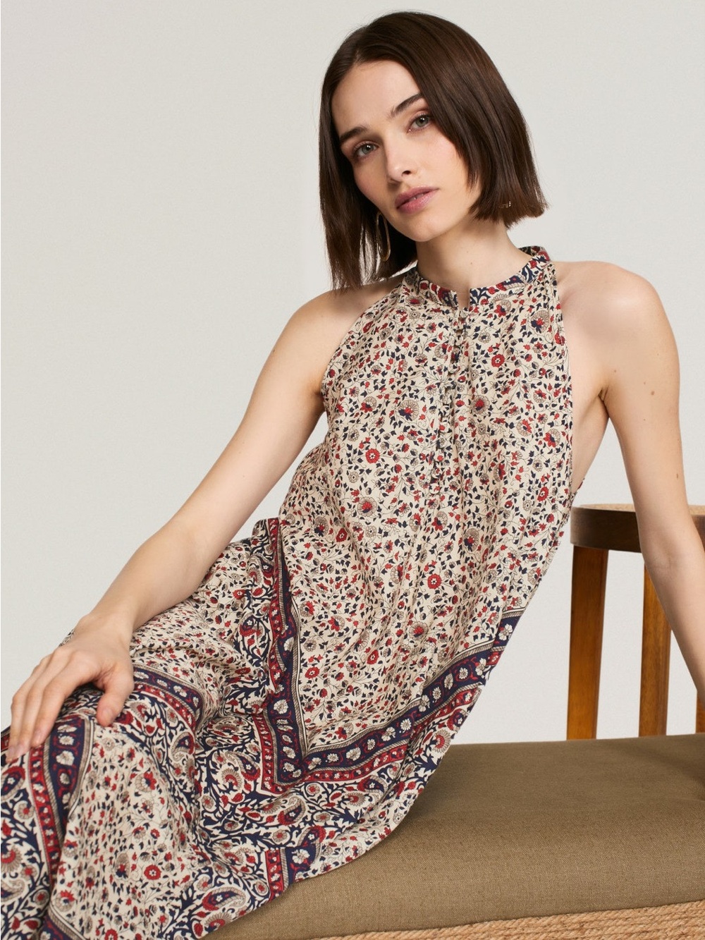 Rosetta Getty Collective Button Front Scarf  Halter Maxi Dress in Cream and Navy
